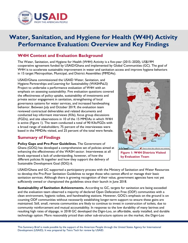 Water, Sanitation and Hygiene for Health (W4H) Activity Performance Evaluation: Overview and Key Findings