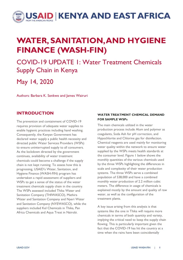 WASH-FIN Update on Water Treatment Chemicals Supply Chain in Kenya