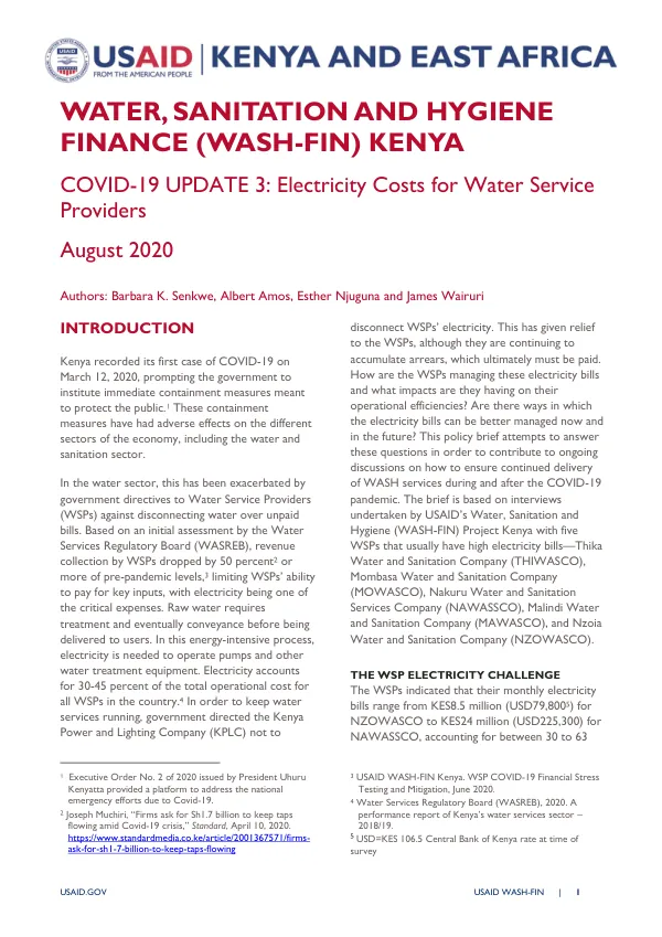WASH-FIN Update on Electricity Costs for Service Providers in Kenya