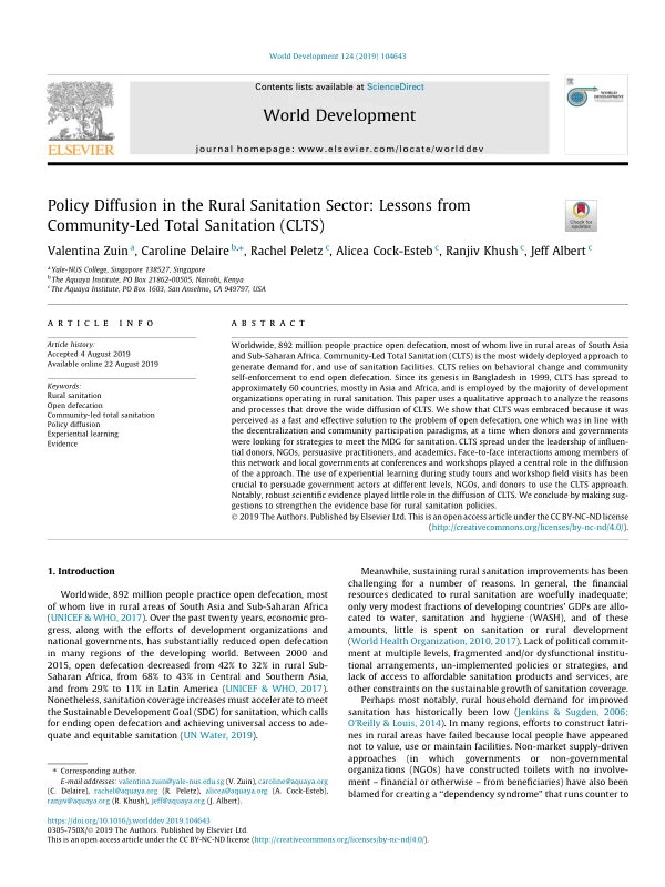 Policy Diffusion in the Rural Sanitation Sector: Lessons from Community-Led Total Sanitation (CLTS)