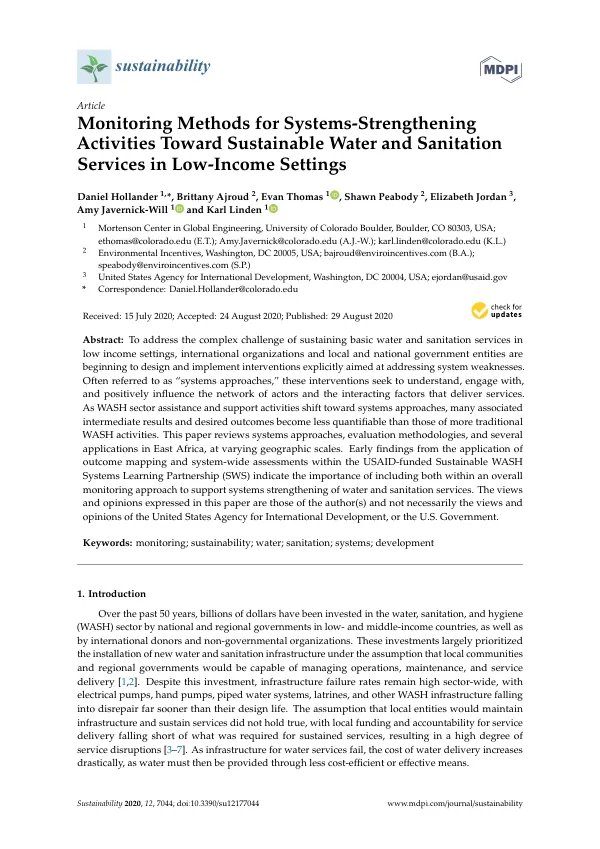 Monitoring Methods for Systems-Strengthening Activities Toward Sustainable Water and Sanitation Services in Low-Income Settings