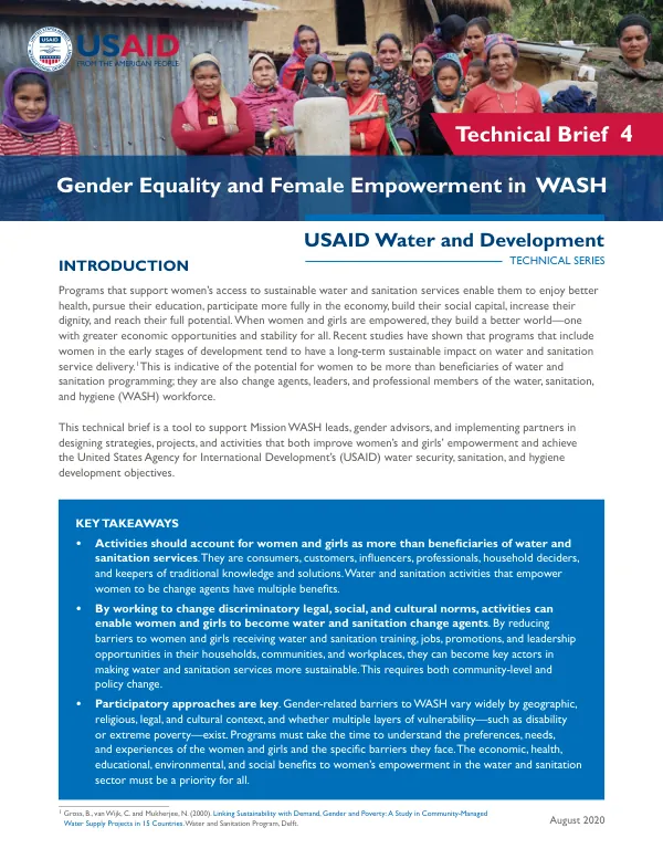 Gender Equality and Female Empowerment in WASH: USAID Water and Development Technical Series