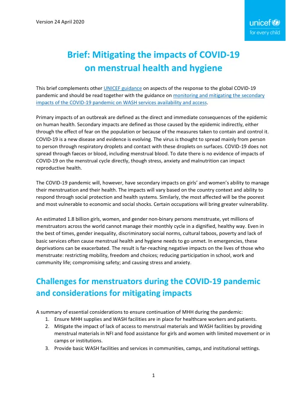 Brief: Mitigating the impacts of COVID-19 on menstrual health and hygiene