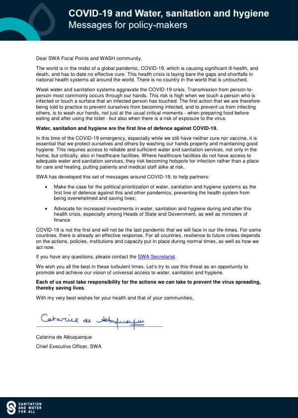 SWA COVID-19 and Water, Sanitation and Hygiene Messages for Policy Makers