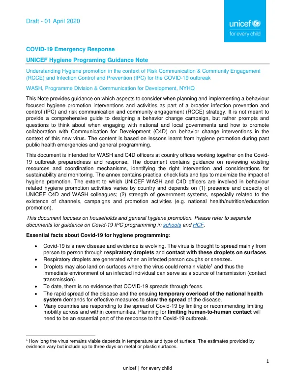 Understanding Hygiene Promotion in the Context of the Coronavirus Disease (COVID-19) Outbreak - DRAFT