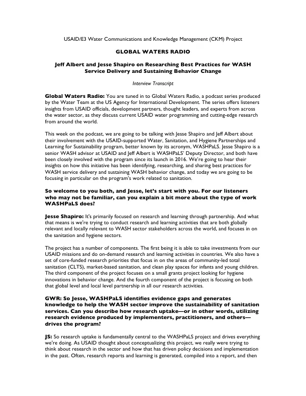 Jeff Albert and Jesse Shapiro on Researching Best Practices for WASH Service Delivery and Sustaining Behavior Change