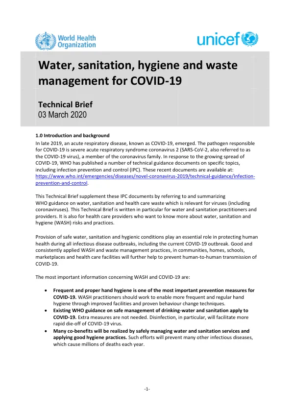 Water, Sanitation, Hygiene and Waste Management for COVID-19