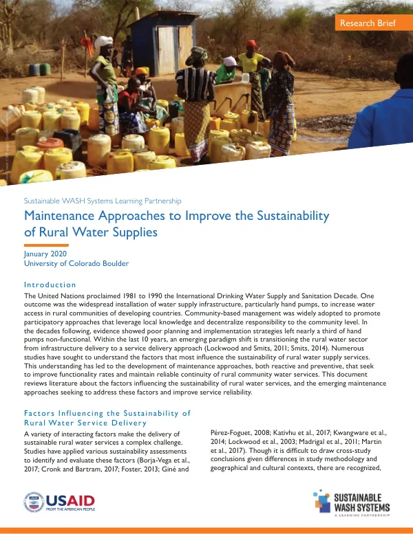 Maintenance Approaches to Improve the Sustainability of Rural Water Supplies