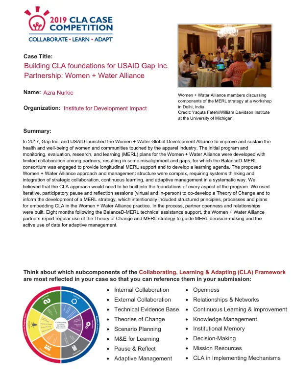 Building CLA foundations for USAID Gap Inc. Partnership: Women + Water Alliance