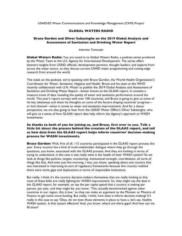 Bruce Gordon and Oliver Subasinghe on the 2019 Global Analysis and Assessment of Sanitation and Drinking Water (GLAAS) Report
