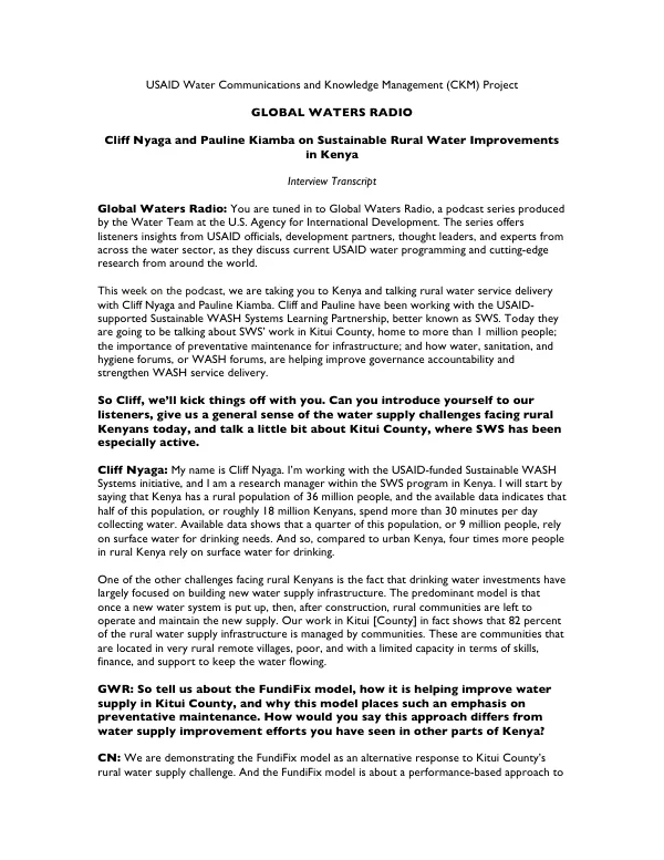 Cliff Nyaga and Pauline Kiamba on Sustainable Rural Water Improvements in Kenya