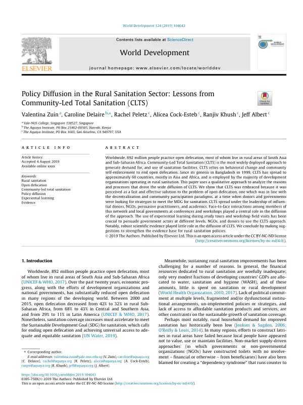 Policy Diffusion in the Rural Sanitation Sector: Lessons from Community-Led Total Sanitation (CLTS)