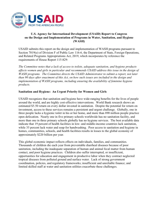 USAID Report to Congress on the Design and Implementation of Programs in Water, Sanitation, and Hygiene (WASH) – FY 2018