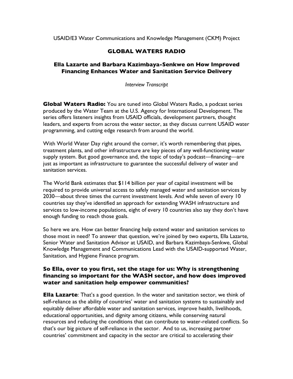 Ella Lazarte and Barbara Kazimbaya-Senkwe on How Improved Financing Enhances Water and Sanitation Service Delivery