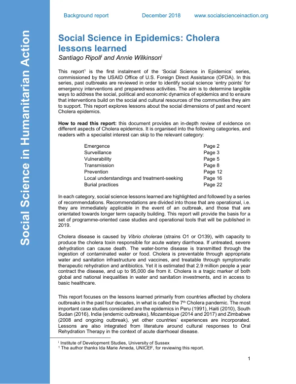 Social Science in Epidemics: Cholera Lessons Learned