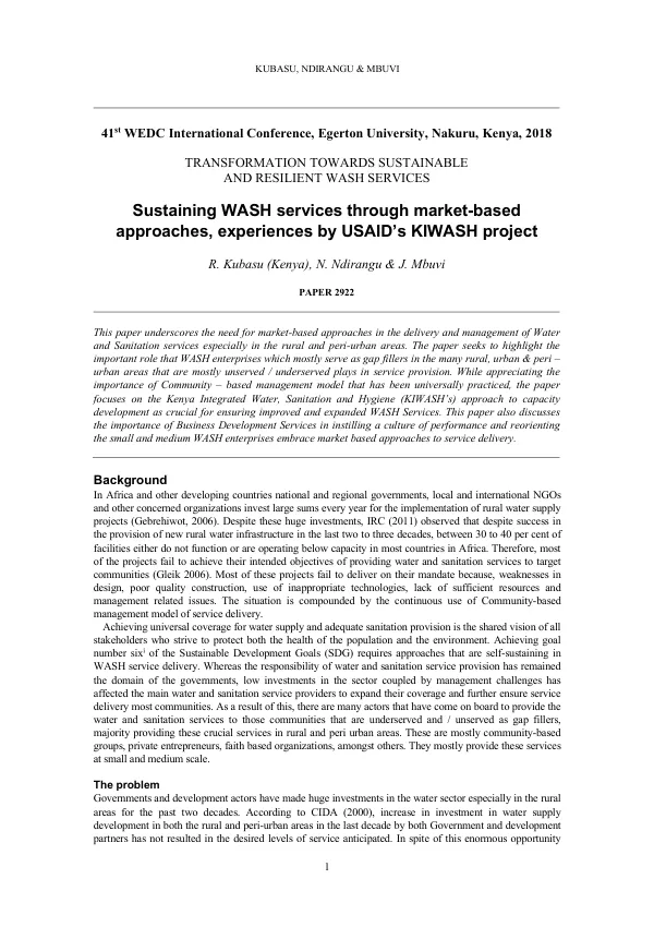 Sustaining WASH services Through Market Based Approaches: Field Experiences by the KIWASH Project