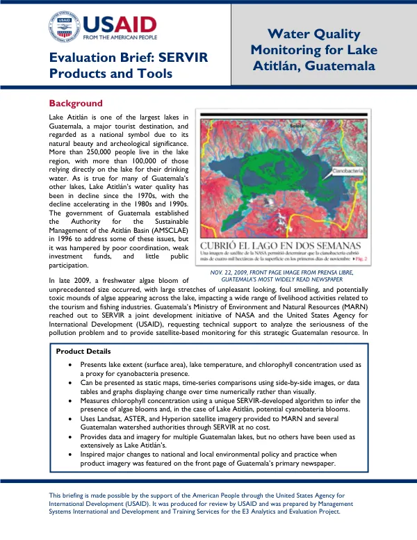 Evaluation Brief: SERVIR Products and Tools: Water Quality Monitoring for Lake Atitlan, Guatemala