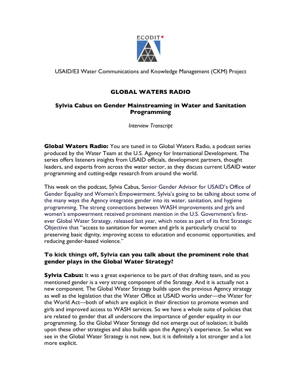 Sylvia Cabus on Gender Mainstreaming in Water and Sanitation Programming