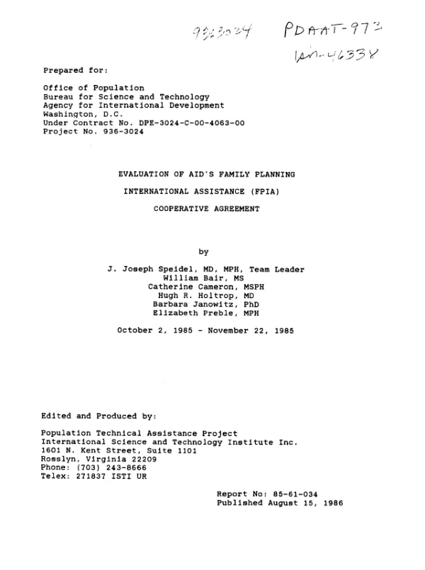 Evaluation of AID's family planning international assistance (FPIA) cooperative agreement