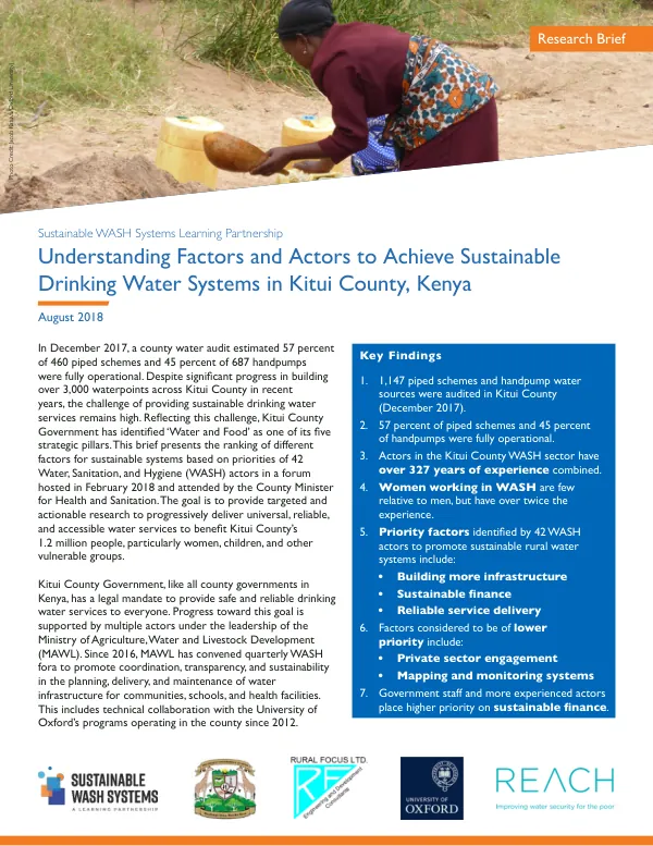 Understanding Factors and Actors to Achieve Sustainable Drinking Water Systems in Kitui County, Kenya