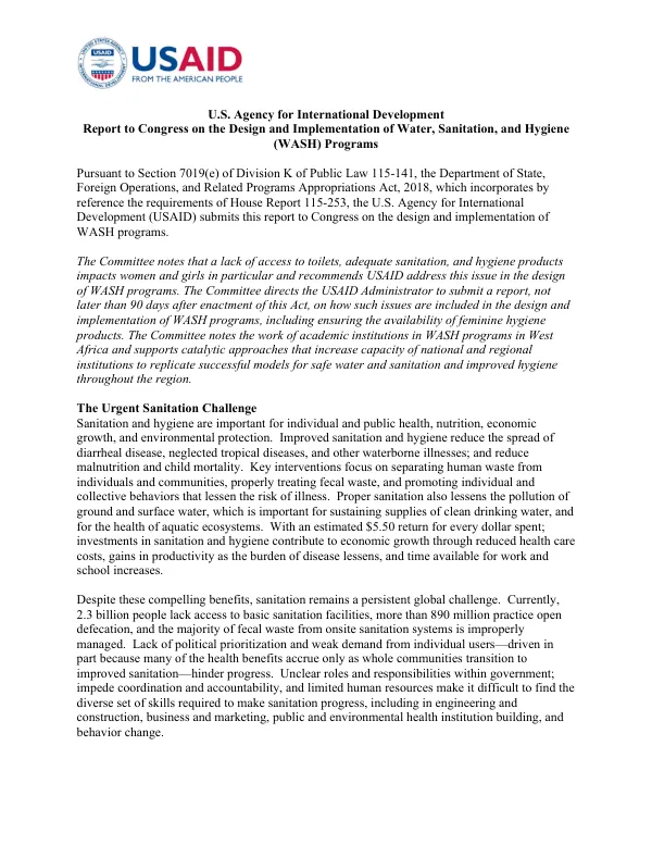 USAID Report to Congress on the Design and Implementation of Water, Sanitation, and Hygiene (WASH) Programs