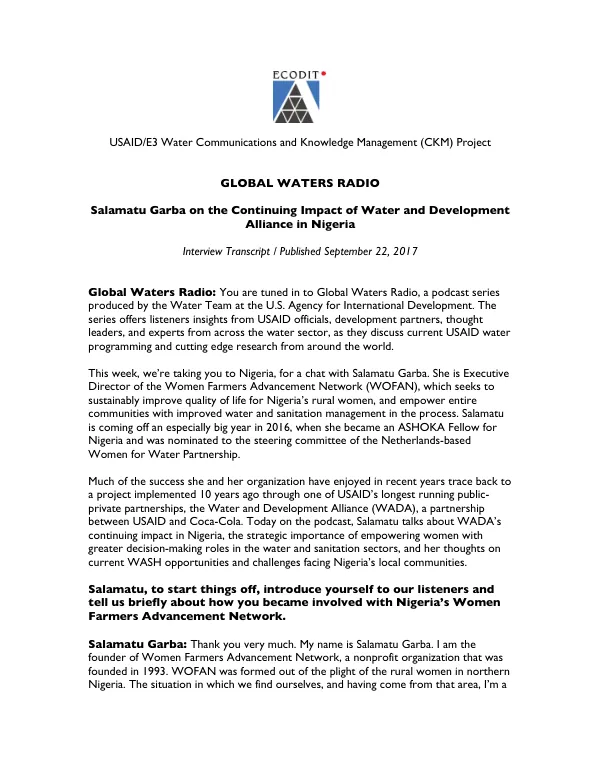 Salamatu Garba on the Continuing Impact of the Water and Development Alliance in Nigeria