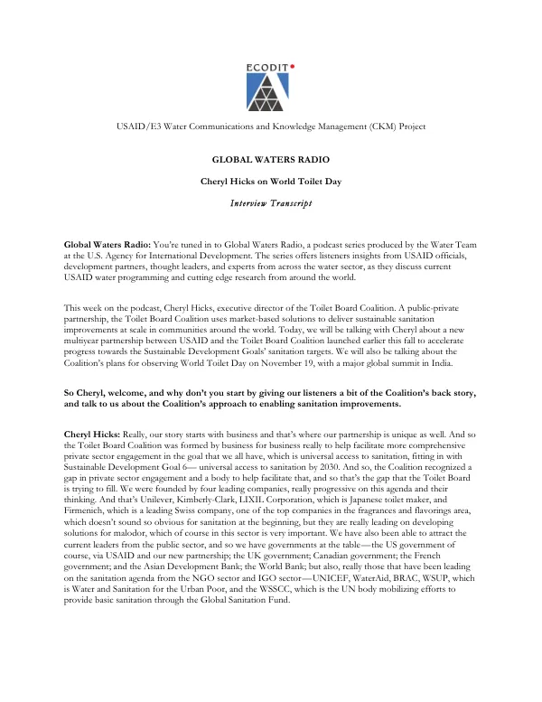 Cheryl Hicks on USAID-Toilet Board Coalition Partnership