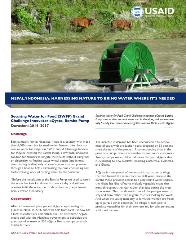 Project Profile: Nepal/Indonesia SWFF Grand Challenge Innovator aQysta, Barsha Pump