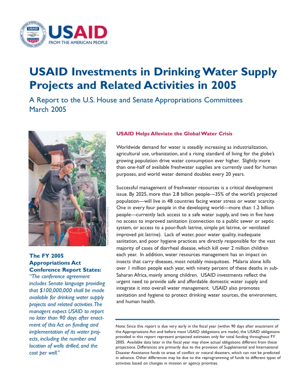 USAID Investments in Drinking Water Supply Projects and Related Activities in 2005 - A Report to the U.S. House and Senate Appropriations Committees