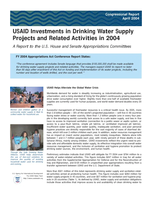 USAID Investments in Drinking Water Supply Projects and Related Activities in 2004 - A Report to the U.S. House and Senate Appropriations Committees