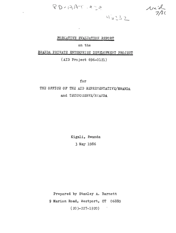 Formative evaluation report on the Rwanda private enterprise development project (AID project 696-0121)