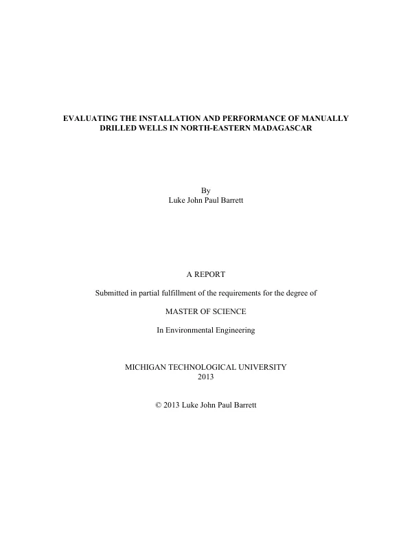 Evaluating Installation and Performance of Manually Drilled Wells in Northeastern Madagascar