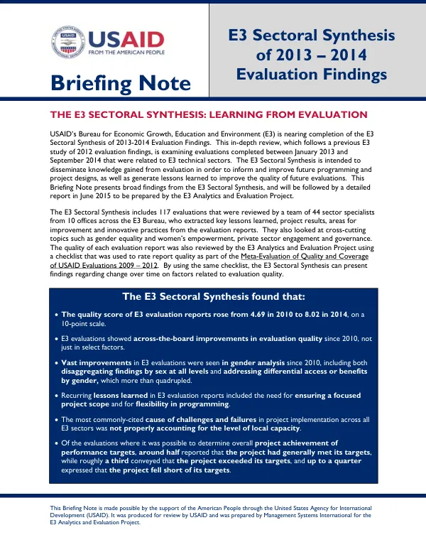Briefing Note - E3 Sectoral Synthesis of 2013-2014 Evaluation Findings