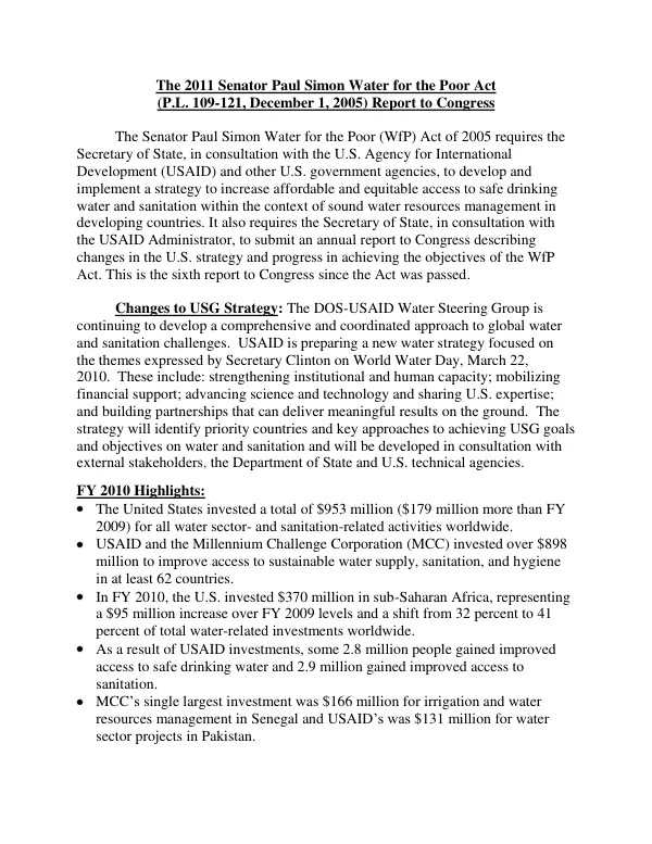 Senator Paul Simon Water for the Poor Act: 2011 Report to Congress