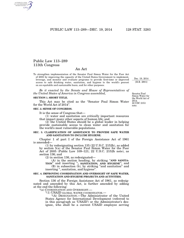 Senator Paul Simon Water for the World Act of 2014