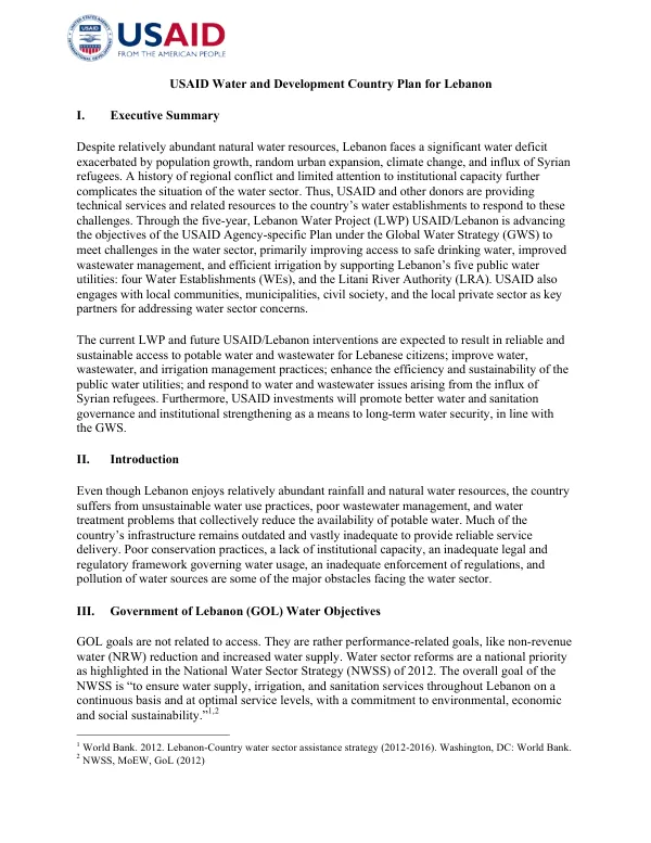 Lebanon Water and Development Country Plan
