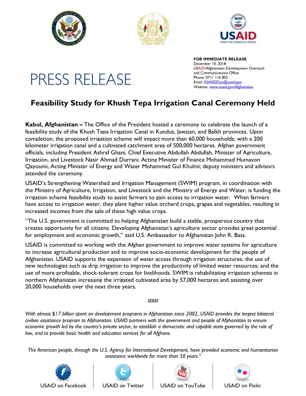 Feasibility Study for Khush Tepa Irrigation Canal Ceremony Held