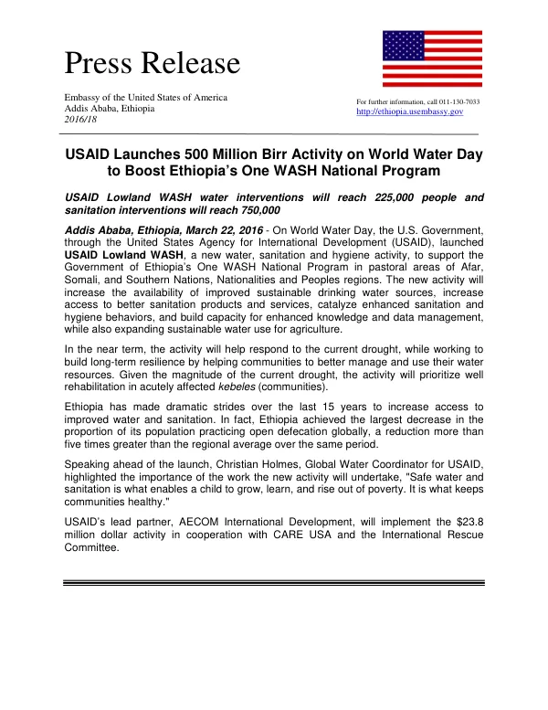 USAID Launches 500 Million Birr Activity on World Water Day to Boost Ethiopia’s One WASH National Program