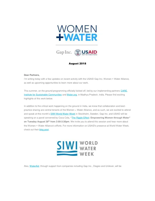 Women + Water Alliance August 2018 Newsletter