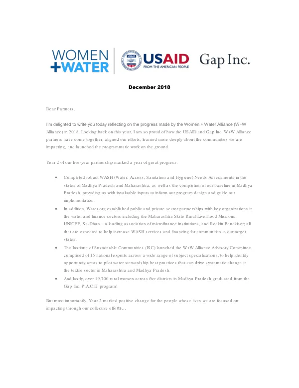 Women + Water Alliance December 2018 Newsletter