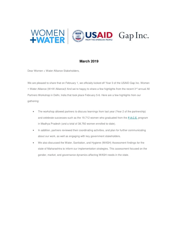 Women + Water Alliance March 2019 Newsletter