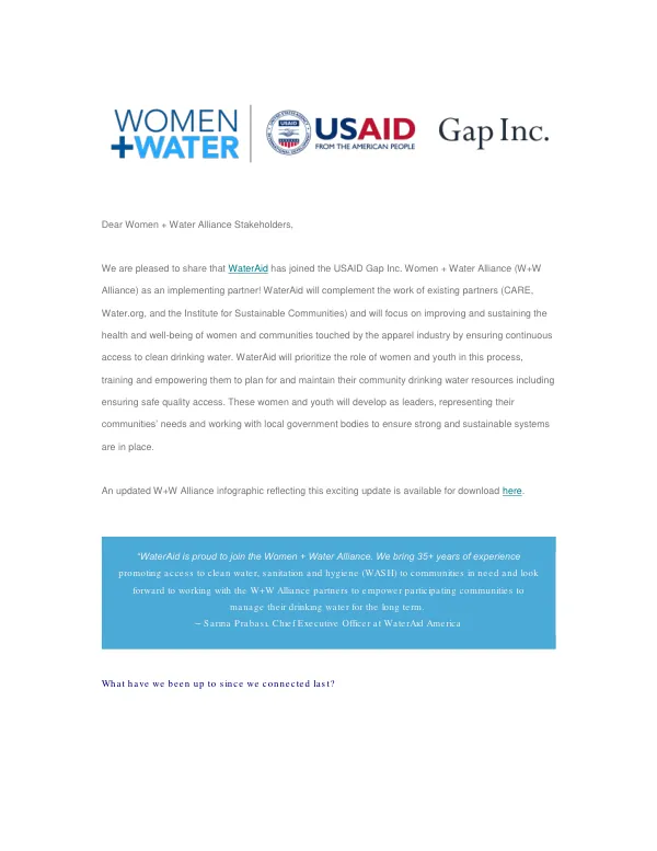 Women + Water Alliance May 2019 Newsletter