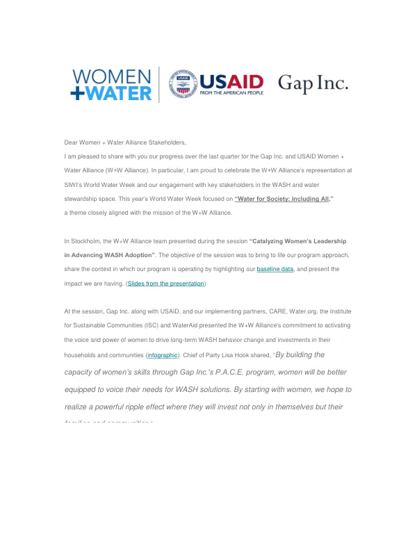 Women + Water Alliance September 2019 Newsletter