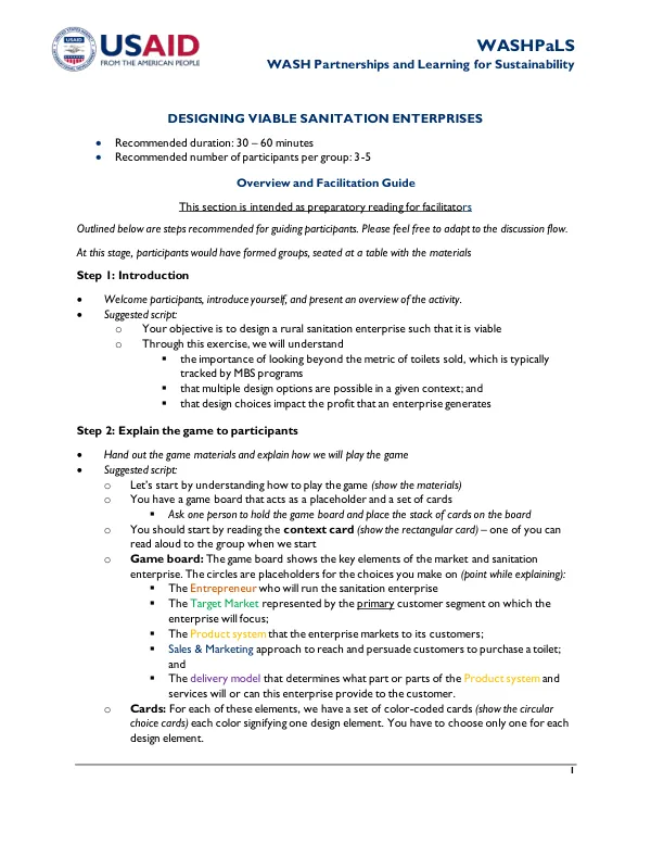 WASHPaLS Market Based Sanitation (MBS) Game Facilitation Guide
