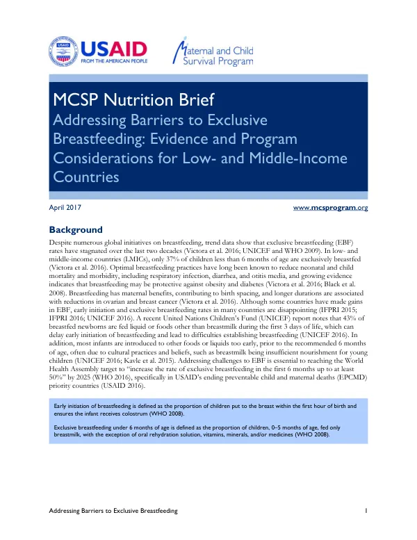 MCSP Nutrition Brief: Addressing Barriers to Exclusive Breastfeeding