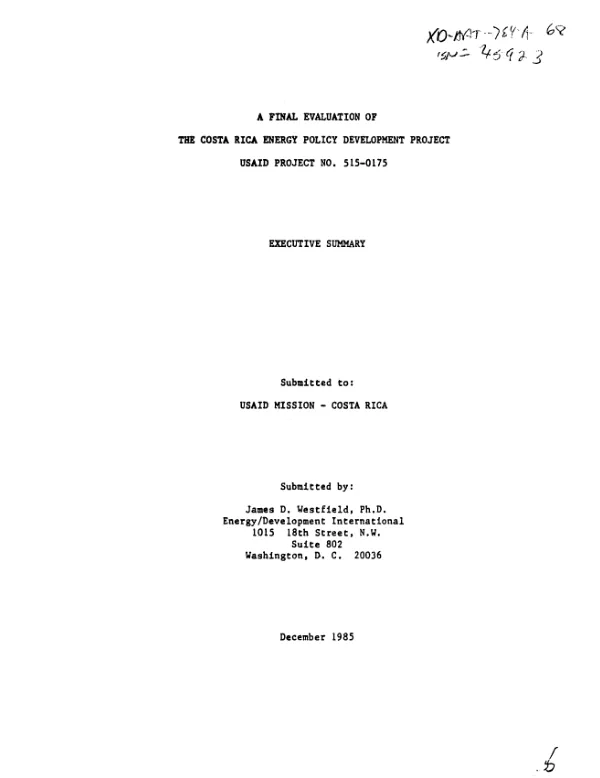 Final evaluation of the Costa Rica energy policy development project : executive summary
