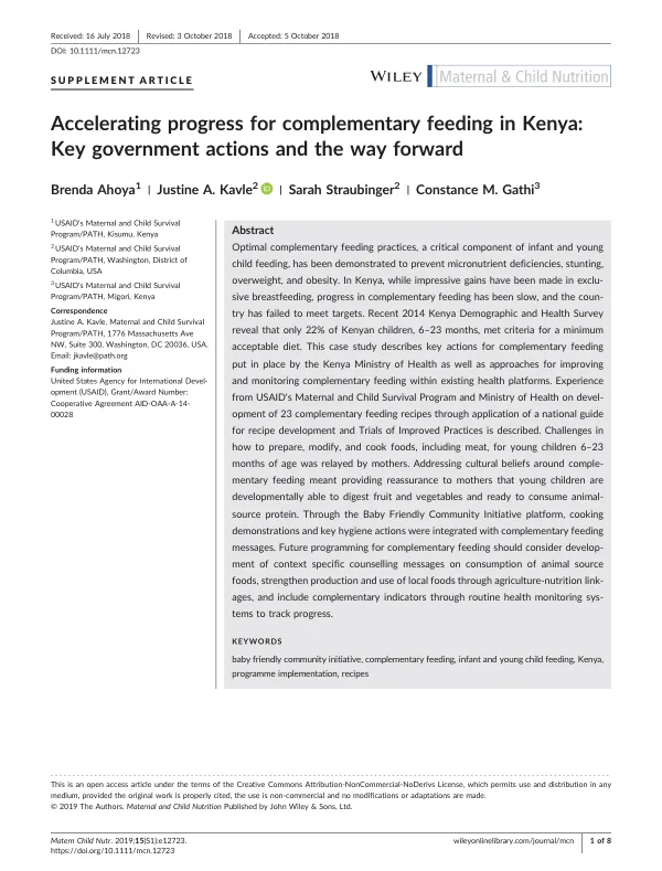 Accelerating Complementary Feeding Progress in Kenya: Government Actions and Future Directions