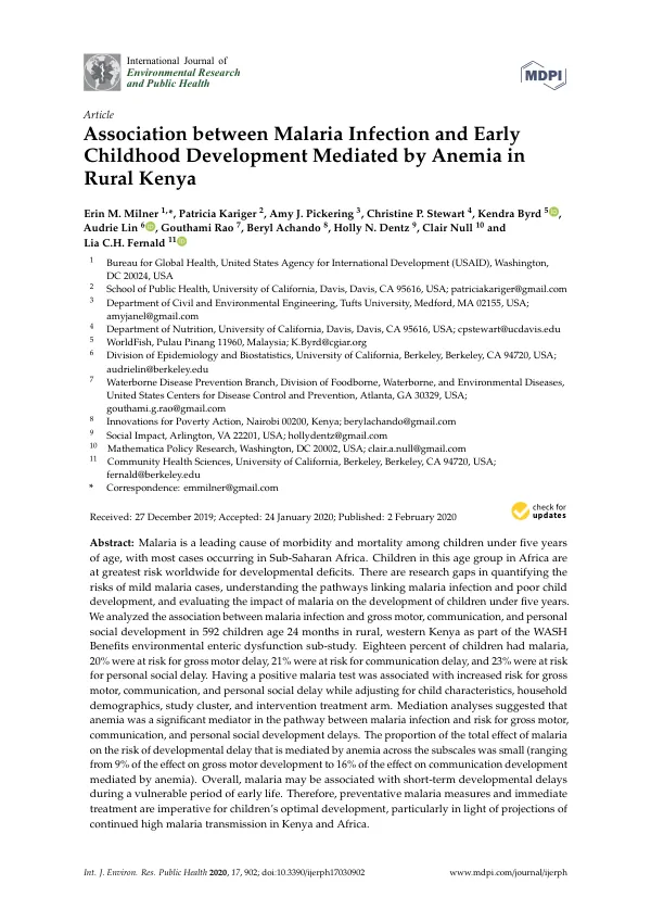 Malaria, Anemia, and Early Childhood Development in Rural Kenya