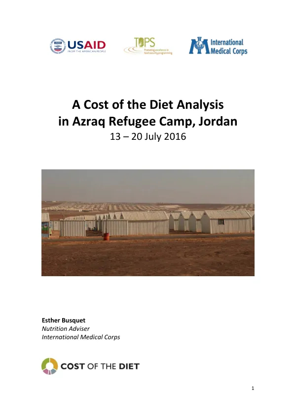 Cost of the Diet Analysis in Azraq Refugee Camp, Jordan