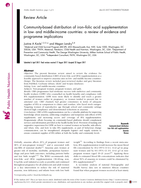 Distribution of IFA Supplements in LMIC: Evidence Review and Program Implications